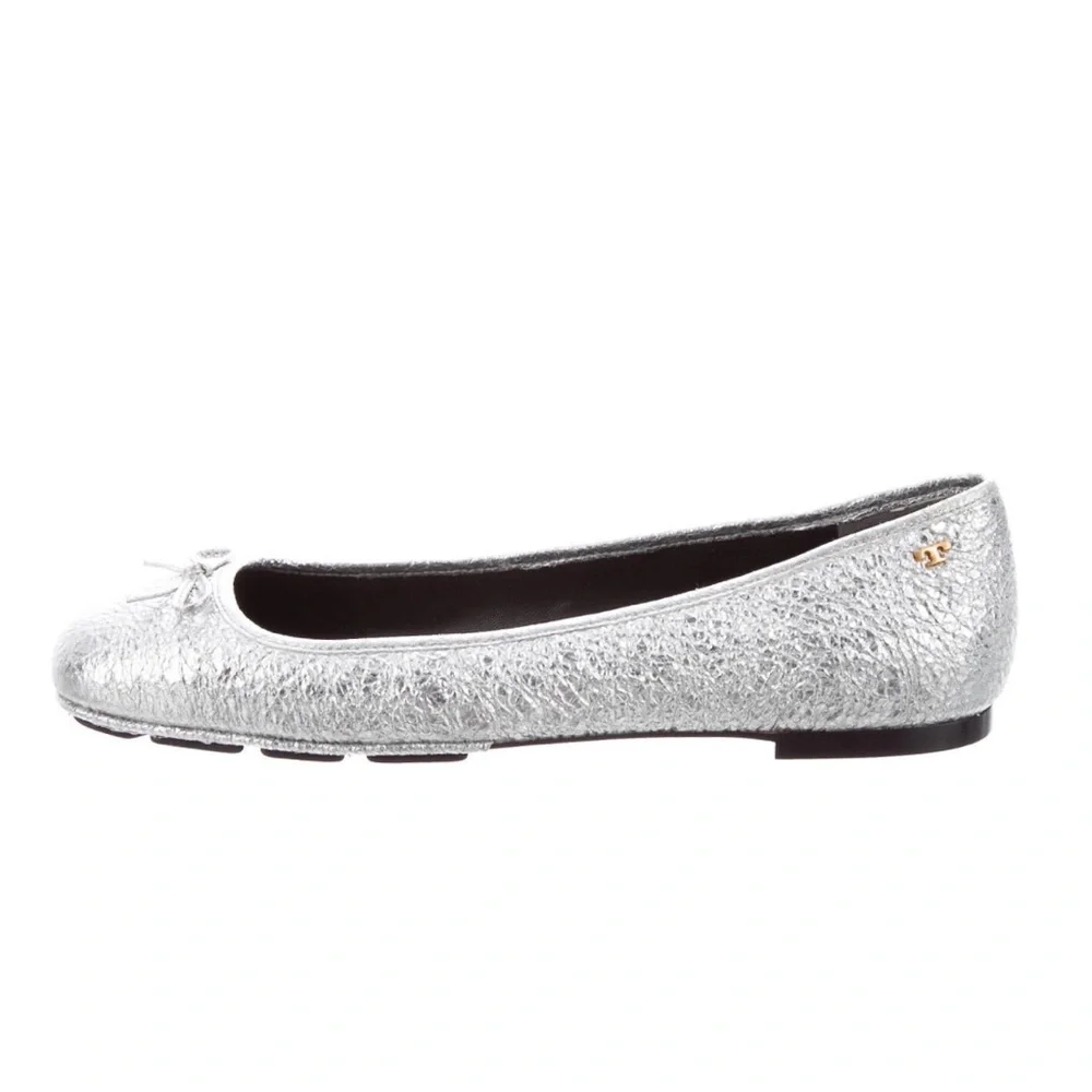 Tory Burch Women’s Laila Leather Silver Ballet Flats Size 8